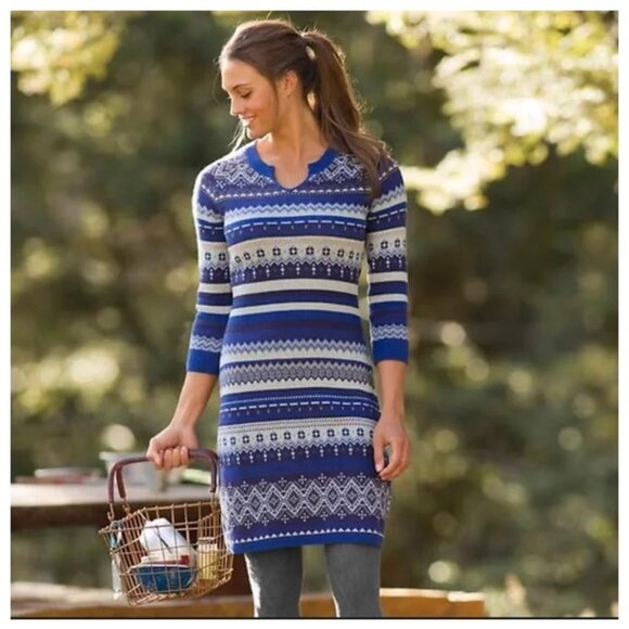 Athleta Fara Fair Isle Sweater Stretch Knit Cotton Blue Sweater Dress - Picture 1 of 10